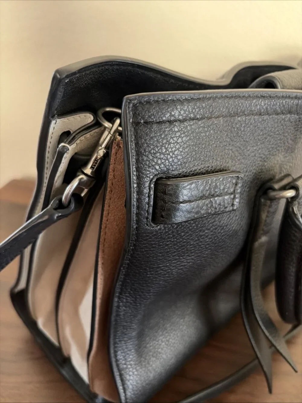 Rebecca Minkoff Regan Black Pebbled Leather Satchel Handbag Silver Hardware